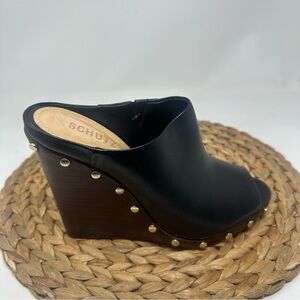 Schutz Califa Studded Peep Toe Leather Wedge Black Size 9 Women's